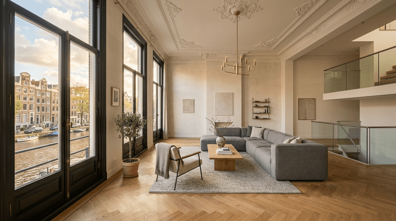 Sfeervol interieur van een woning met grote ramen en avondlicht — DAM Housing makelaar Amstelveen